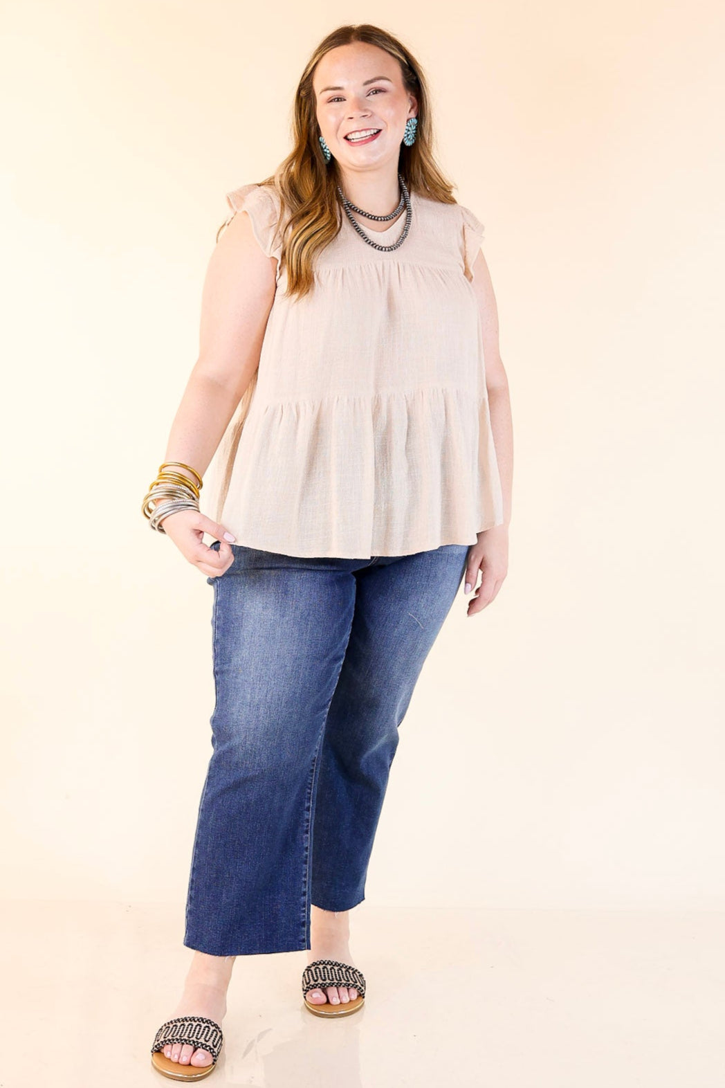 Stay Wonderful Solid Tiered Top with Ruffle Cap Sleeves in Natural