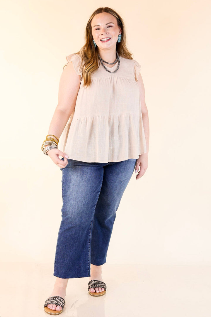 Stay Wonderful Solid Tiered Top with Ruffle Cap Sleeves in Natural