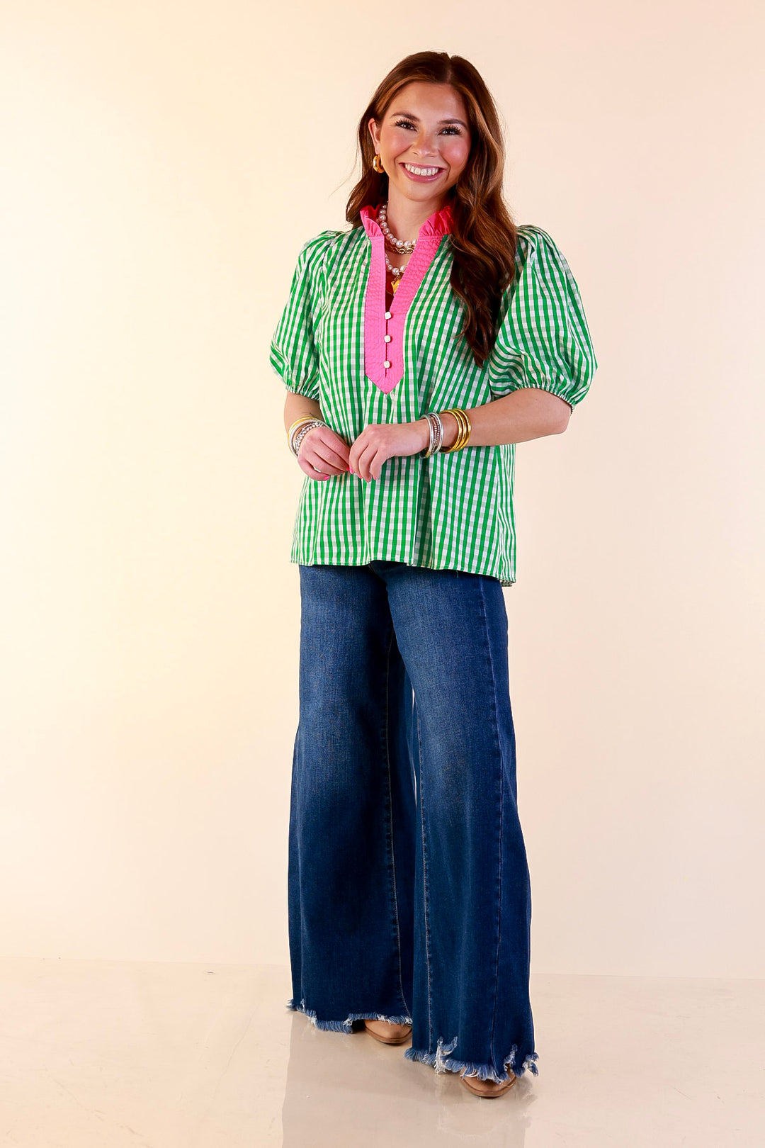 Polished &amp; Playful Short Puff Sleeve Gingham Top with Contrast Hot Pink Trim in Green and White