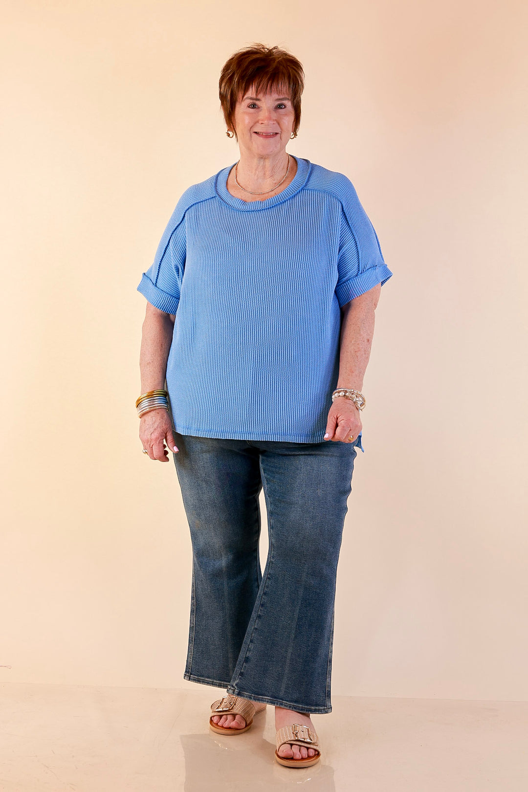 Daily Perfection Scoop Neck Short Sleeve Ribbed Top in Sky Blue