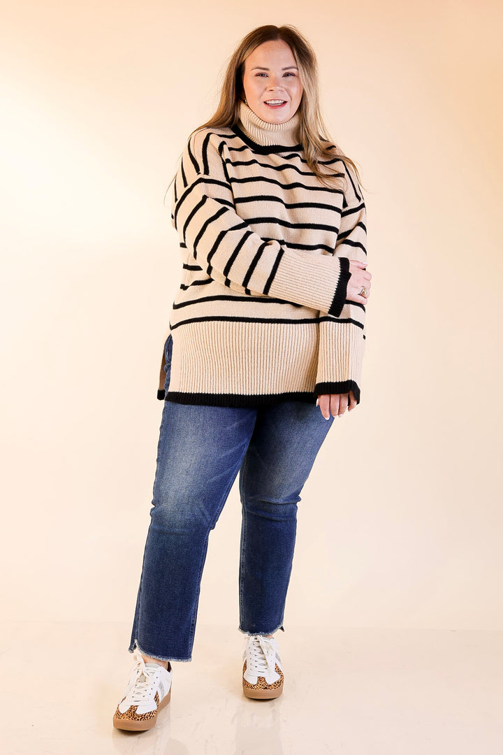 Mud Pie | Dunn Turtleneck Sweater with Black Stripes in Tan