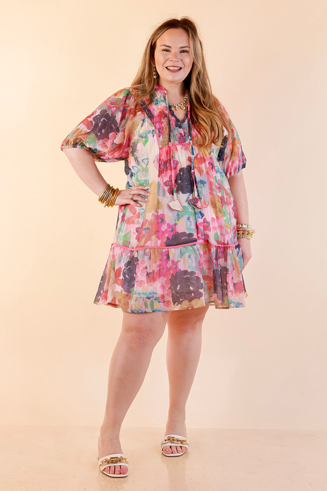 Painted Pretty Floral Print Smocked Yoke Dress with Tie Neckline and Puff Sleeves in Pink Mix