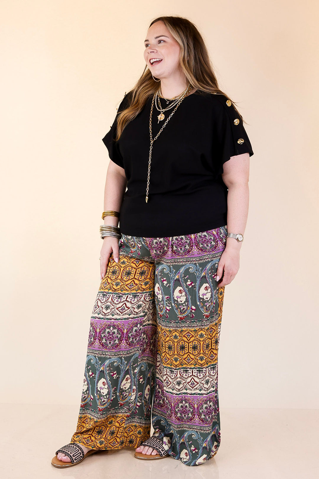 Golden Hour Glow Ribbed Crew Neck Top With Gold Button Detailing in Black