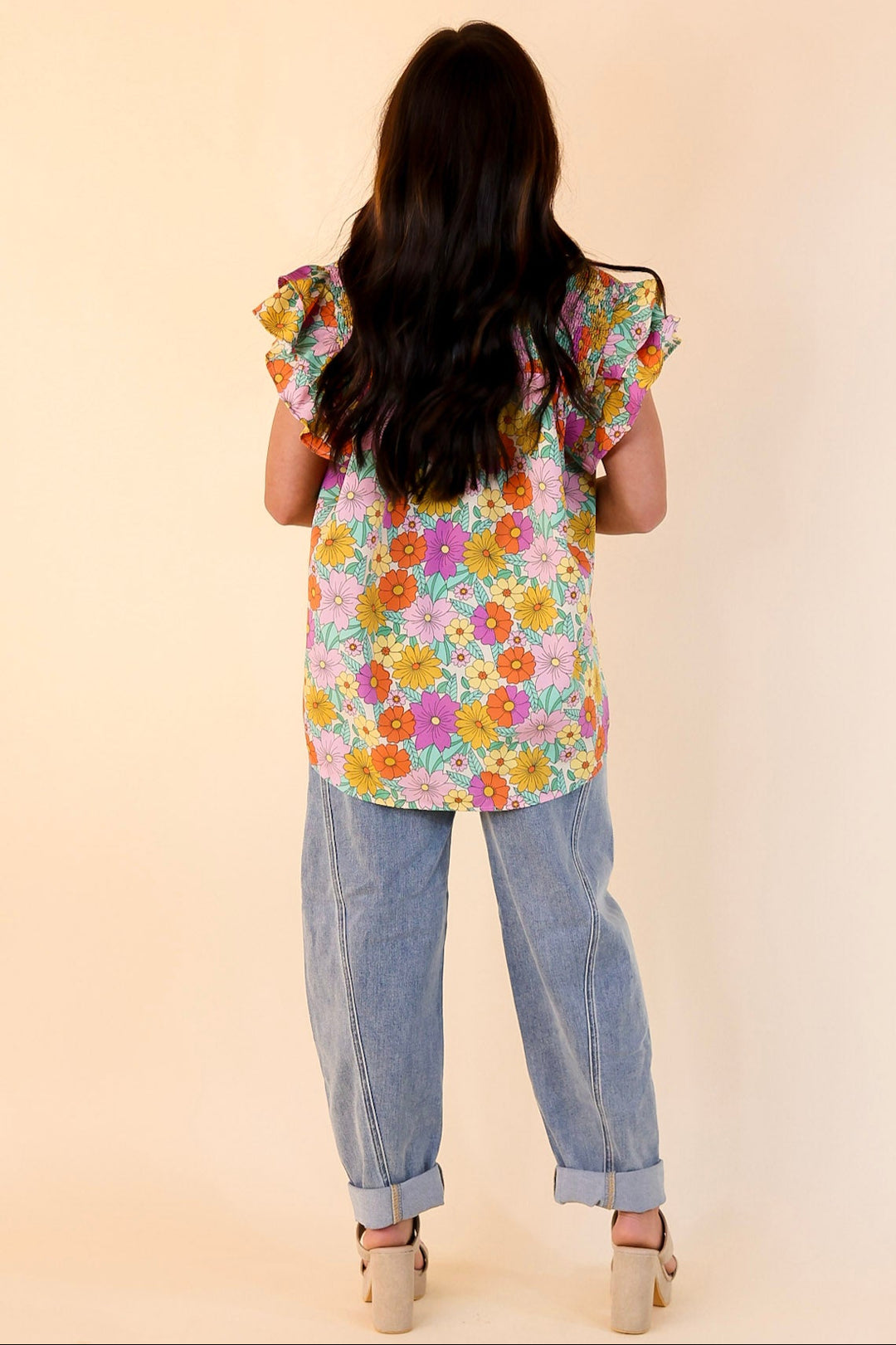 Pretty Days Floral Notched Neckline Top in Cream