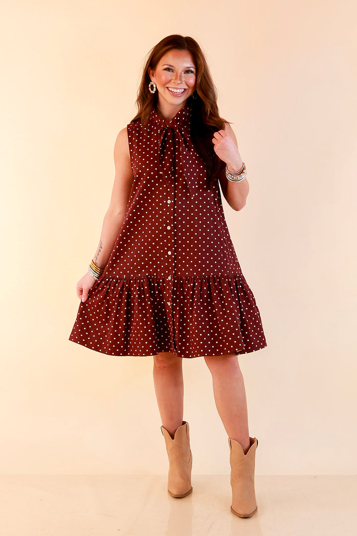 Sweet Spot Denim Polka Dot Bow Neck Tie Button Front Drop Waist Dress in Maroon