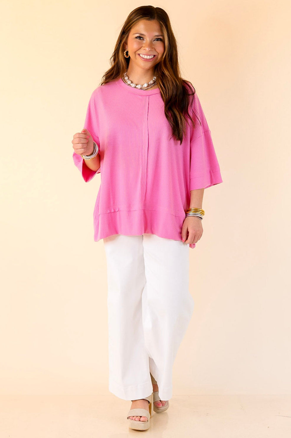 Subtle Spark Crew Neck Short Sleeve Shirt with Seam Detailing in Pink