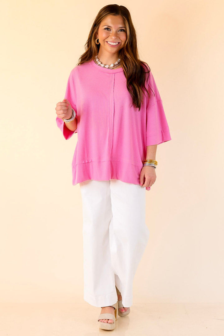 Subtle Spark Crew Neck Short Sleeve Shirt with Seam Detailing in Pink