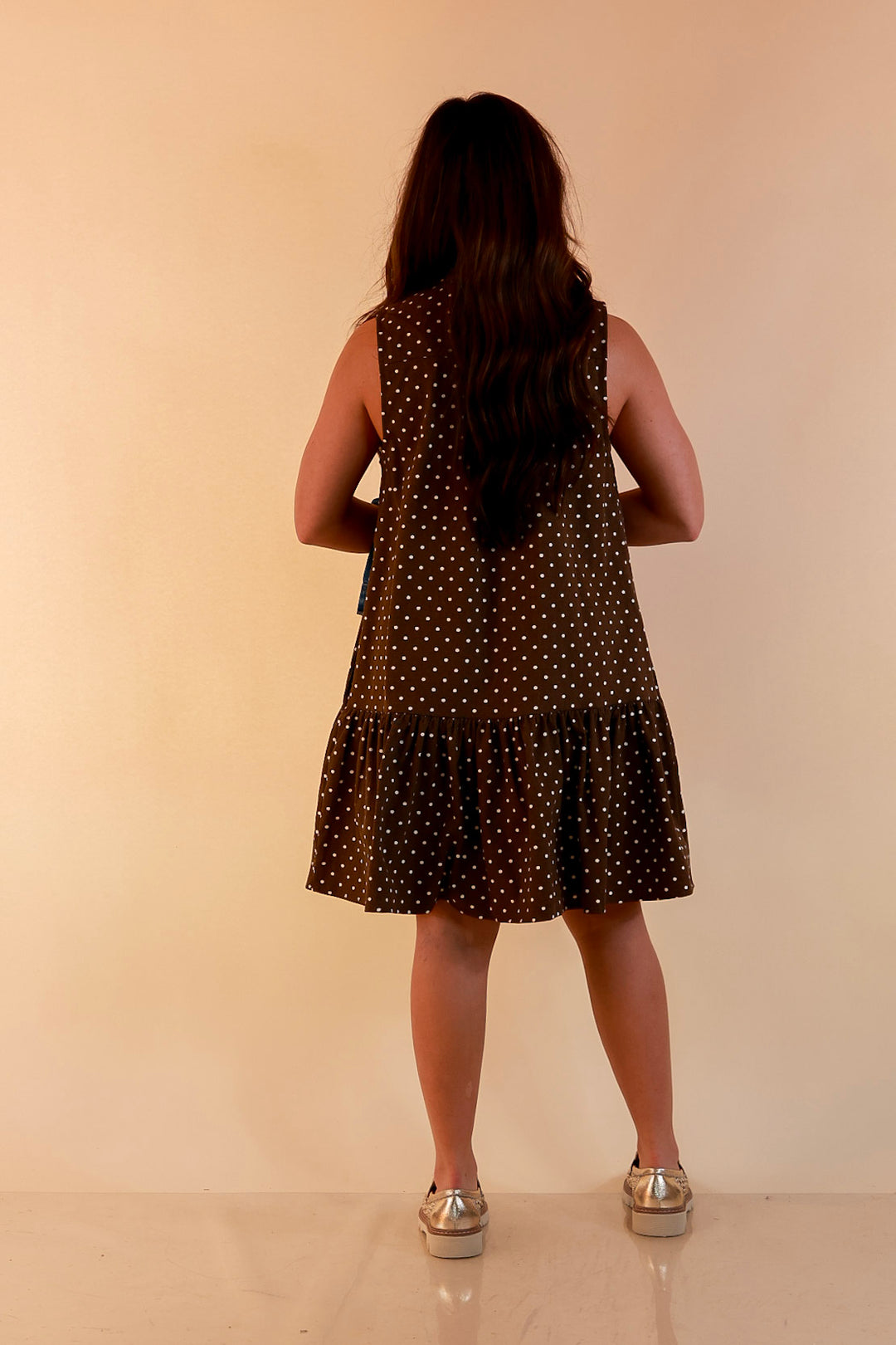 Sweet Spot Denim Polka Dot Bow Neck Tie Button Front Drop Waist Dress in Chocolate Brown
