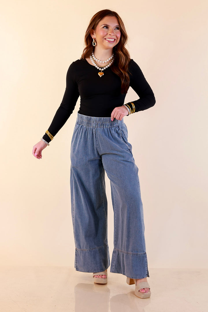 Easy on Repeat Wide Leg Cropped Denim Pant with Elastic Waistband and Seam Detail in Medium Wash