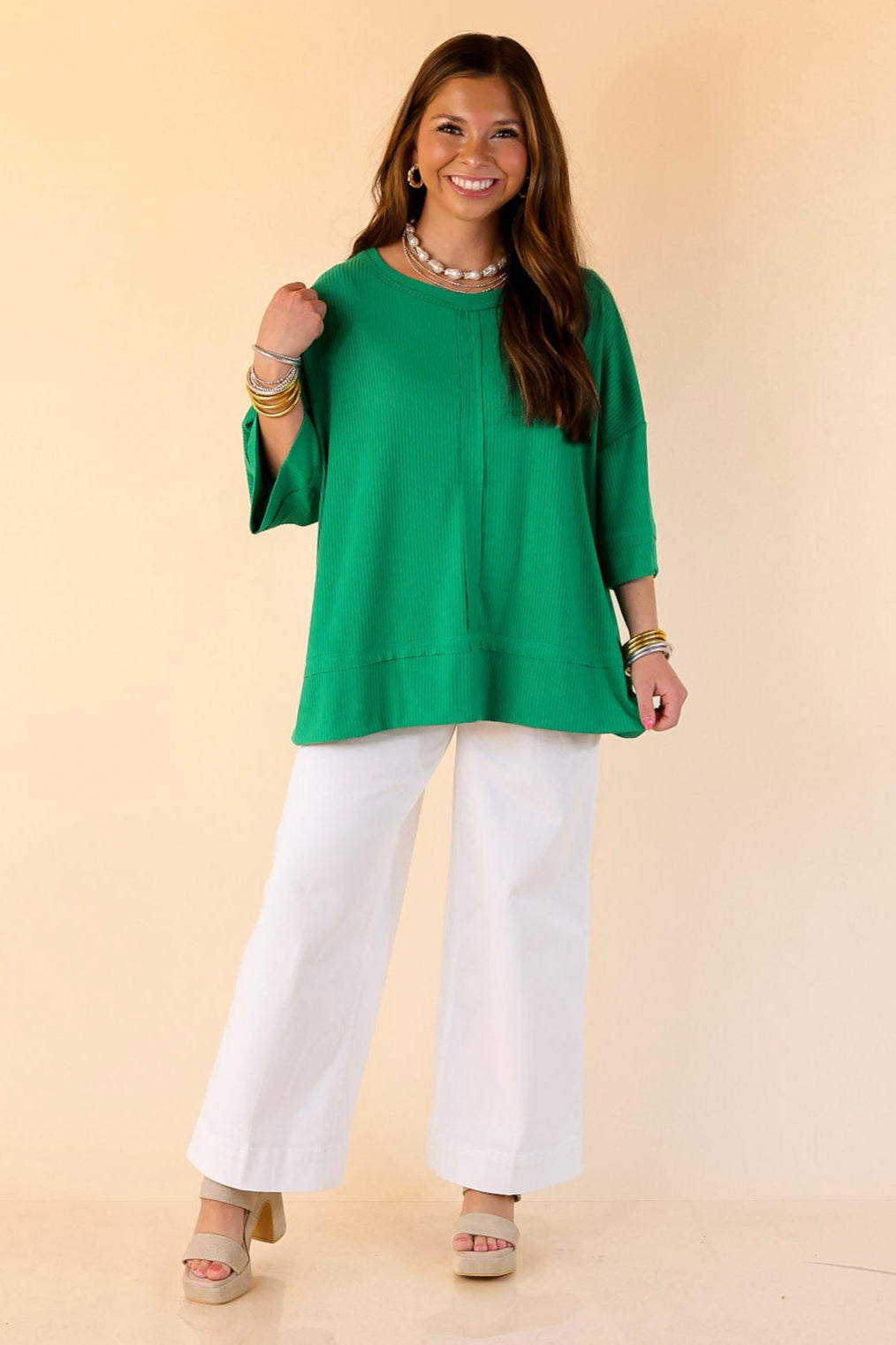 Subtle Spark Crew Neck Short Sleeve Shirt with Seam Detailing in Green