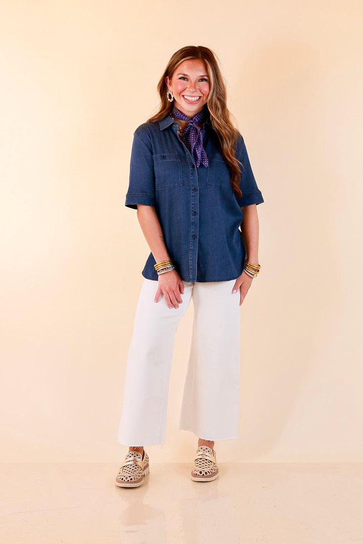 Lyssé | Best Dressed Short Sleeve Button Down Chambray Denim Shirt in Dark Wash