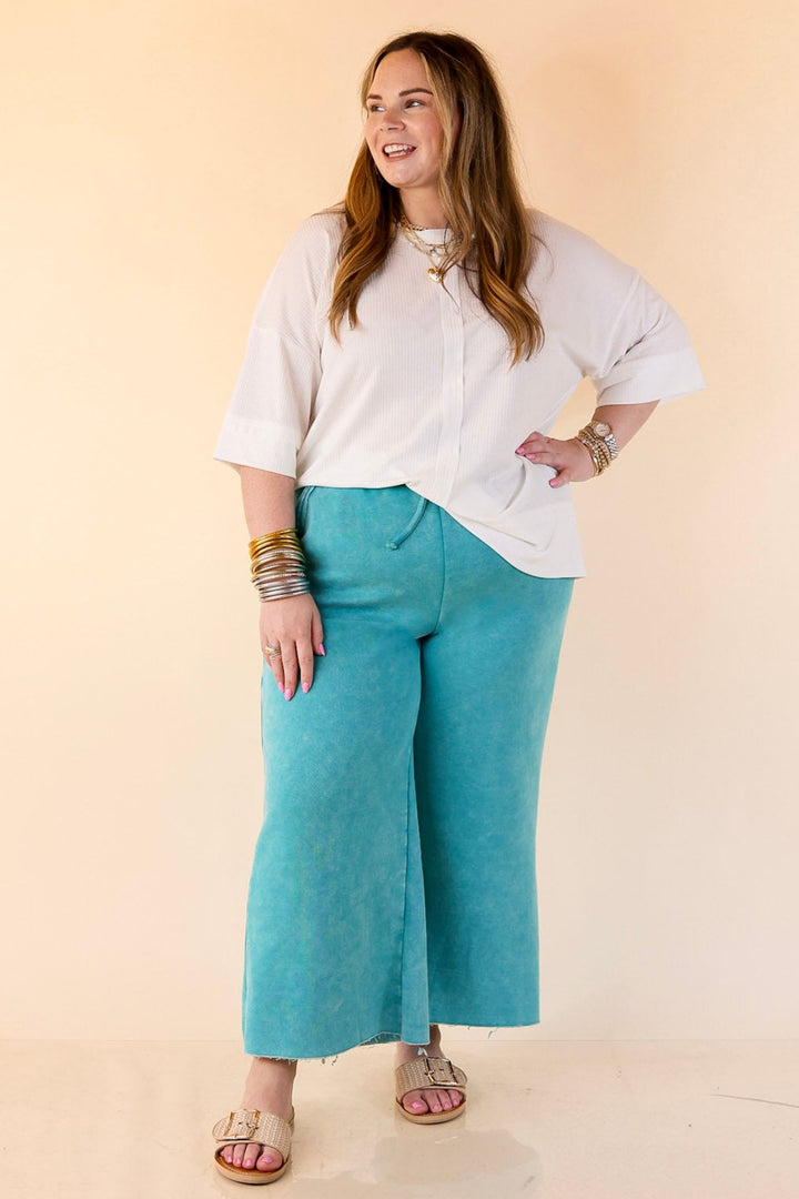 Cozy Girl Cropped Acid Washed Drawstring Pant in Turquoise Blue