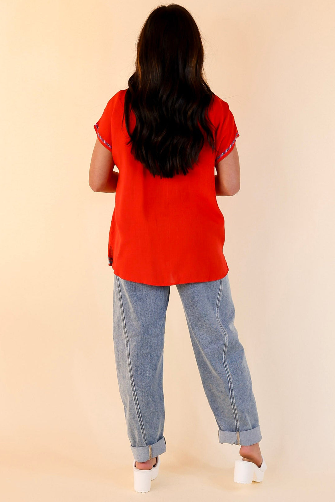Desert Bloom Embroidered Short Sleeve Top in Red
