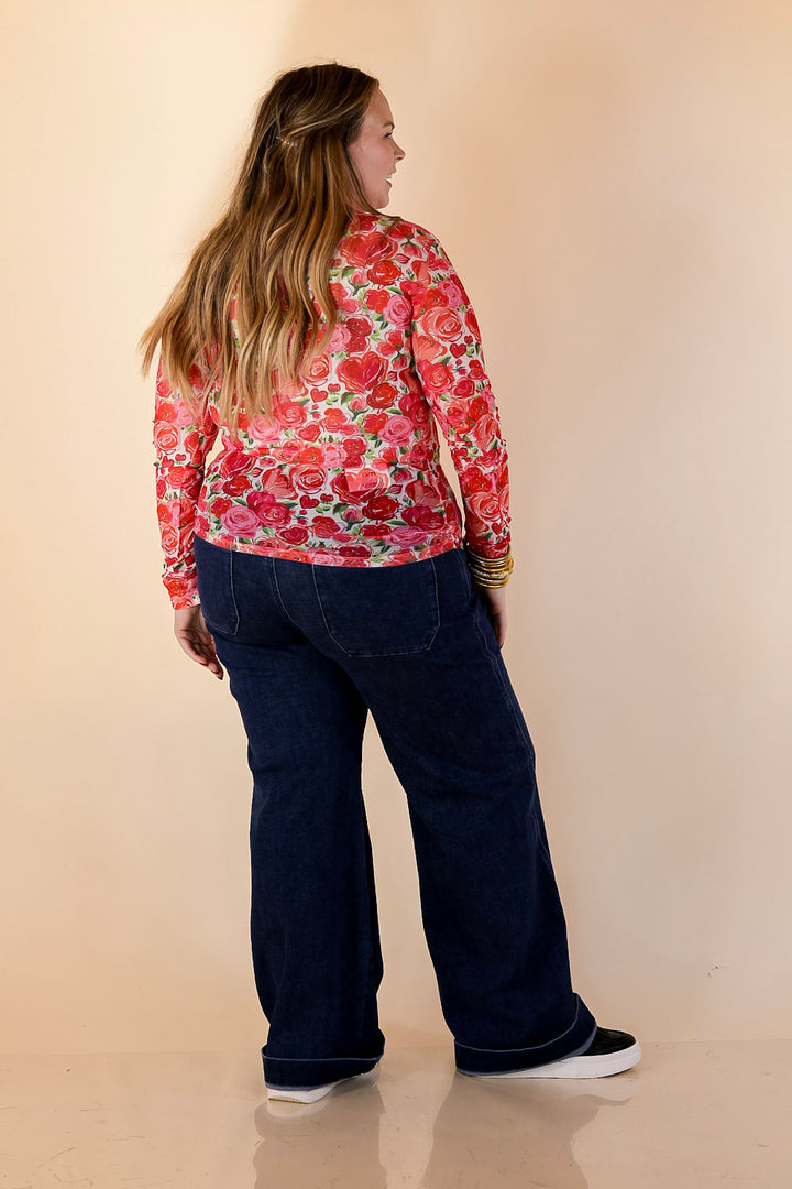 The Perfect Layer Colorful Floral and Hearts Print Mesh Long Sleeve Top in White