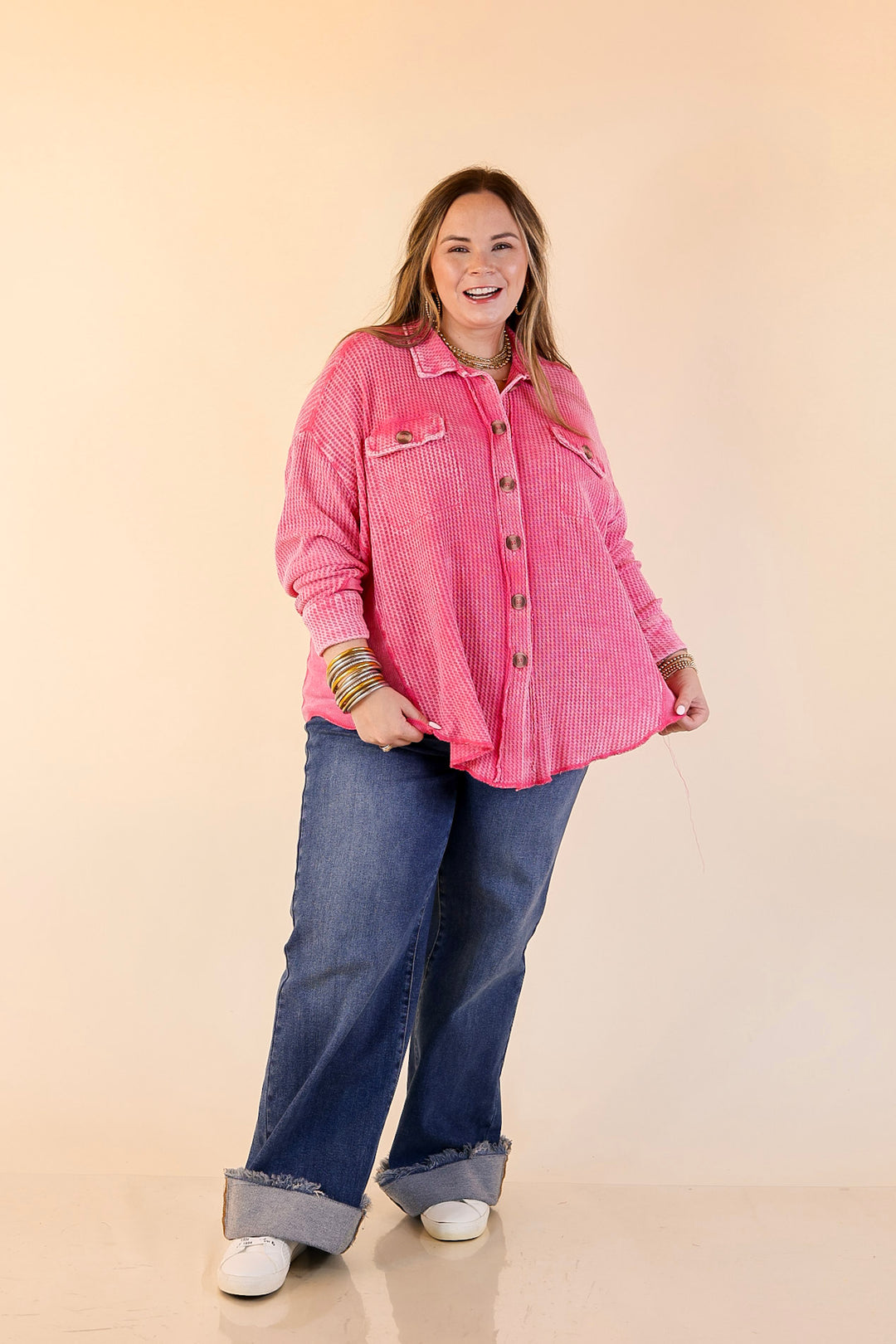 On the Move Long Sleeve Waffle Knit Button Up Shacket in Pink