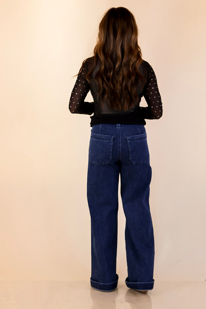 Sheer Confidence Solid Mesh Long Sleeve Top with Rhinestone Detailing in Black