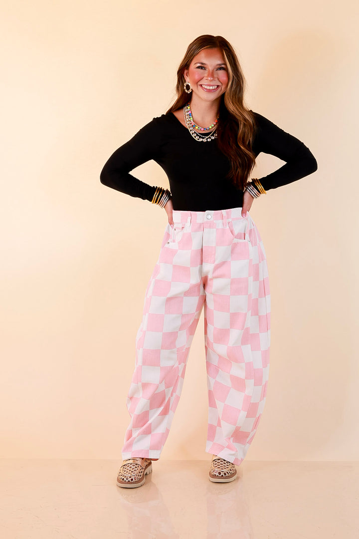 Check Me Out Wide Leg Checkered Print Barrel Denim Jean in Pink