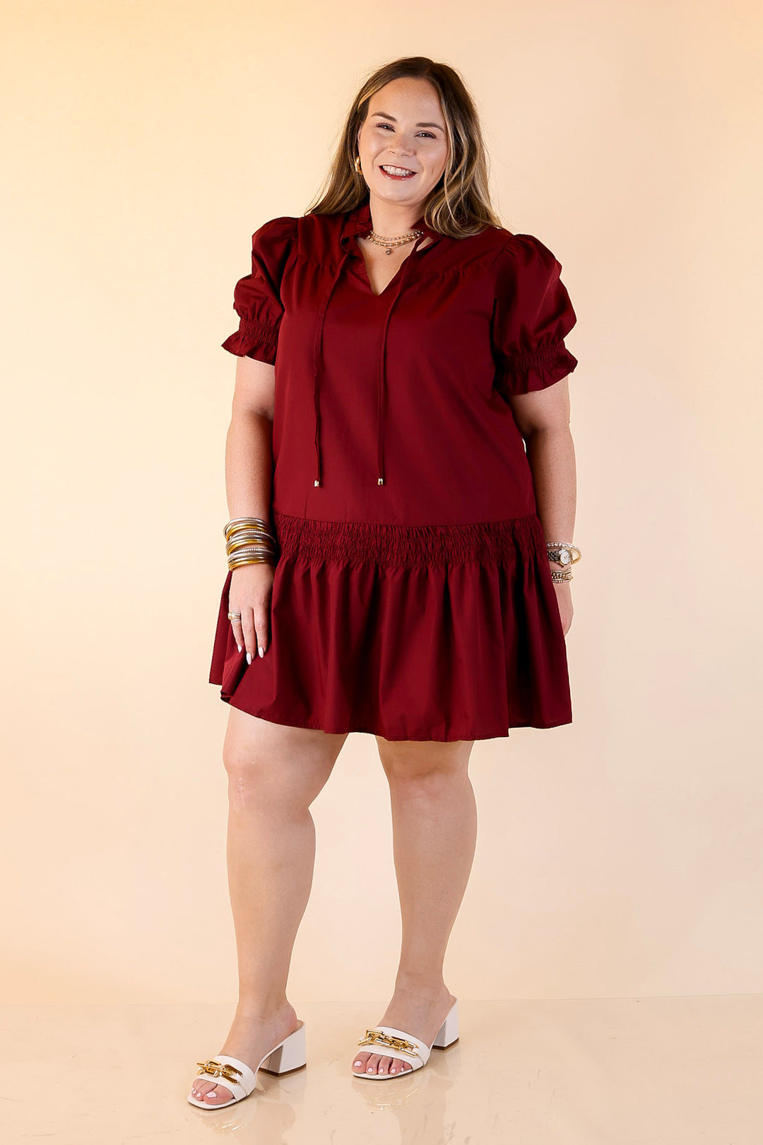 Sugar and Chic Peplum Solid Dress with Puff Sleeves in Maroon