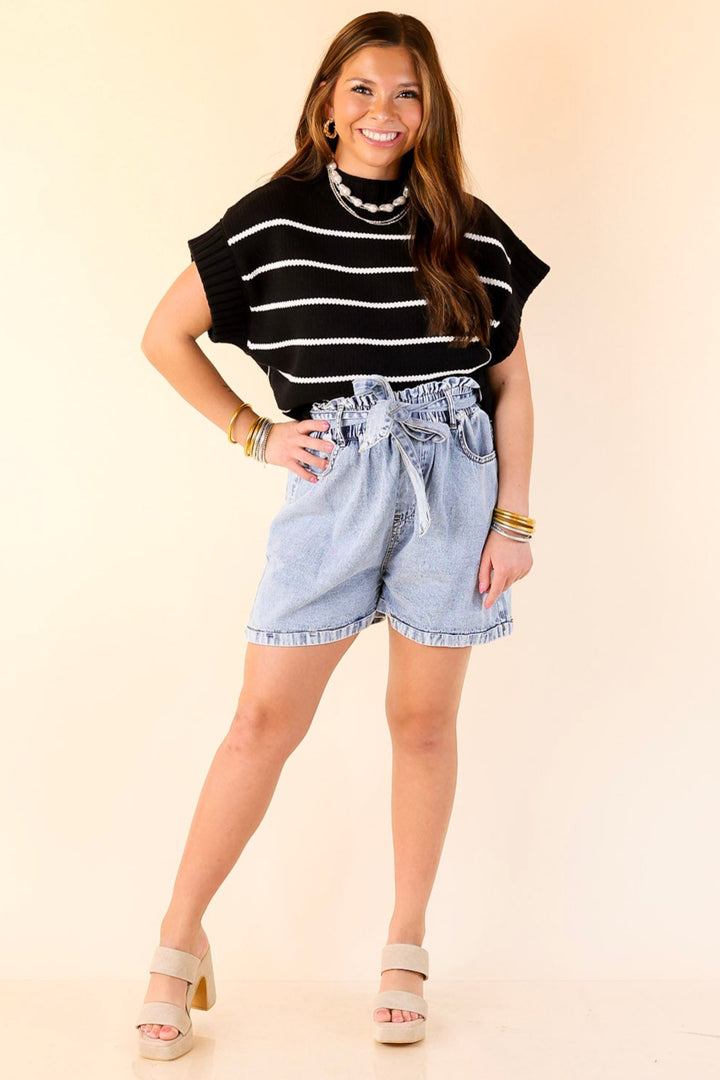 Sweet in Stripes Short Sleeve Striped Mock Neck Sweater in Black