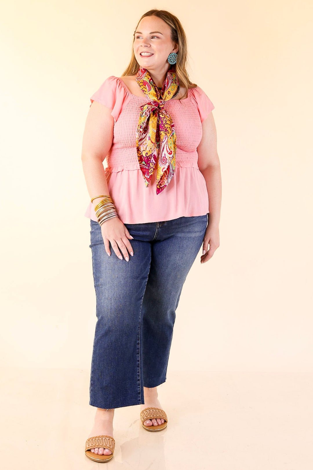 Ruffle Me Up Smocked Bodice Peplum Top with Ruffle Cap Sleeves in Coral Pink