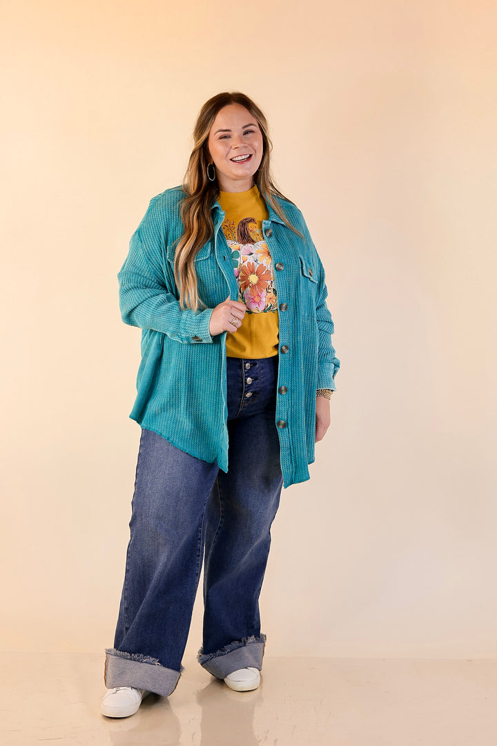 On the Move Long Sleeve Waffle Knit Button Up Shacket in Turquoise Blue