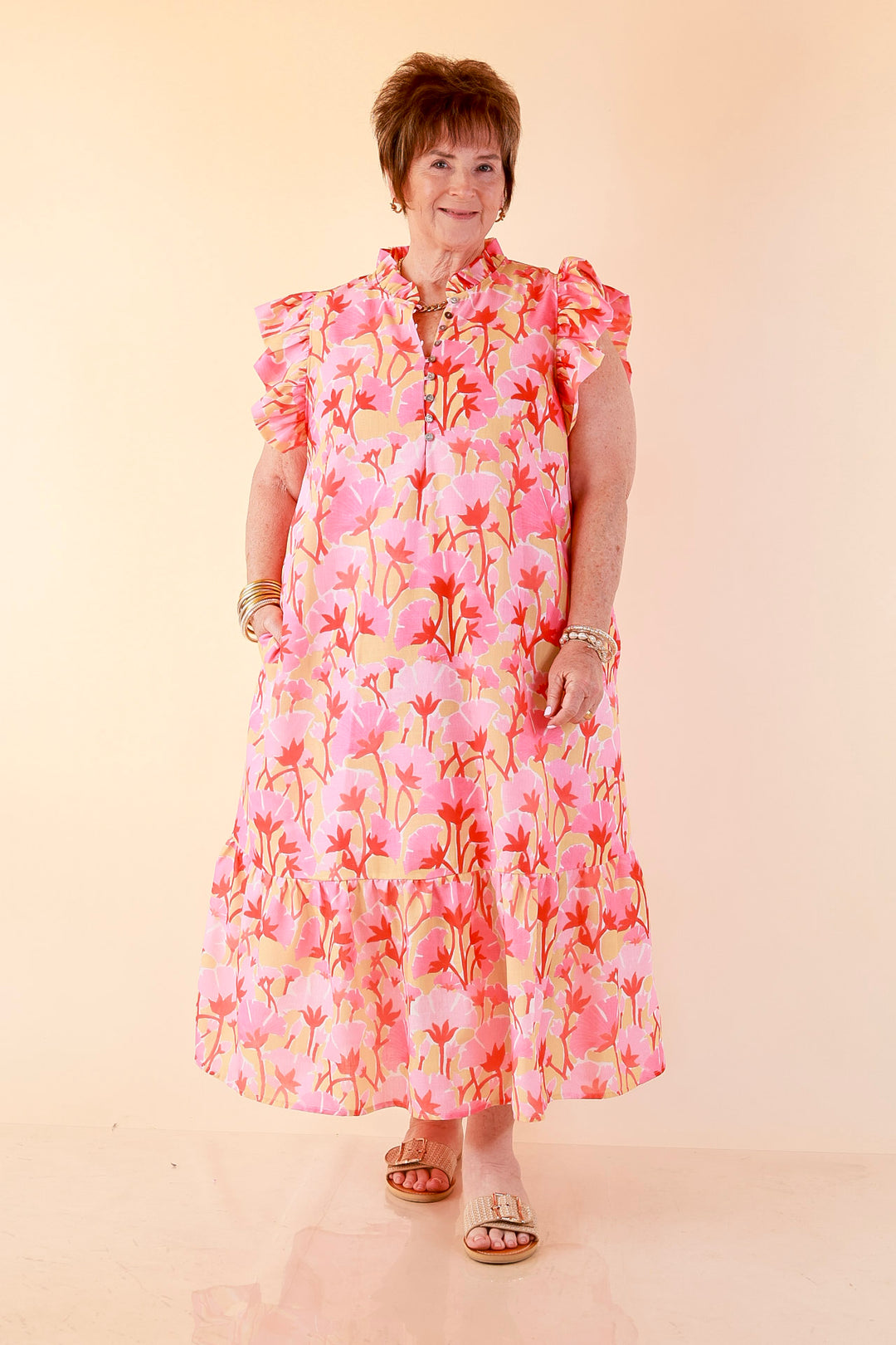 Chasing Sunshine Floral Print Ruffle Sleeve Midi Dress with Button Front and Tiered Hem in Pink, Yellow and Coral Orange