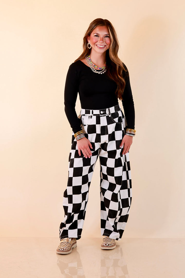 Check Me Out Wide Leg Checkered Print Barrel Denim Jean in Black