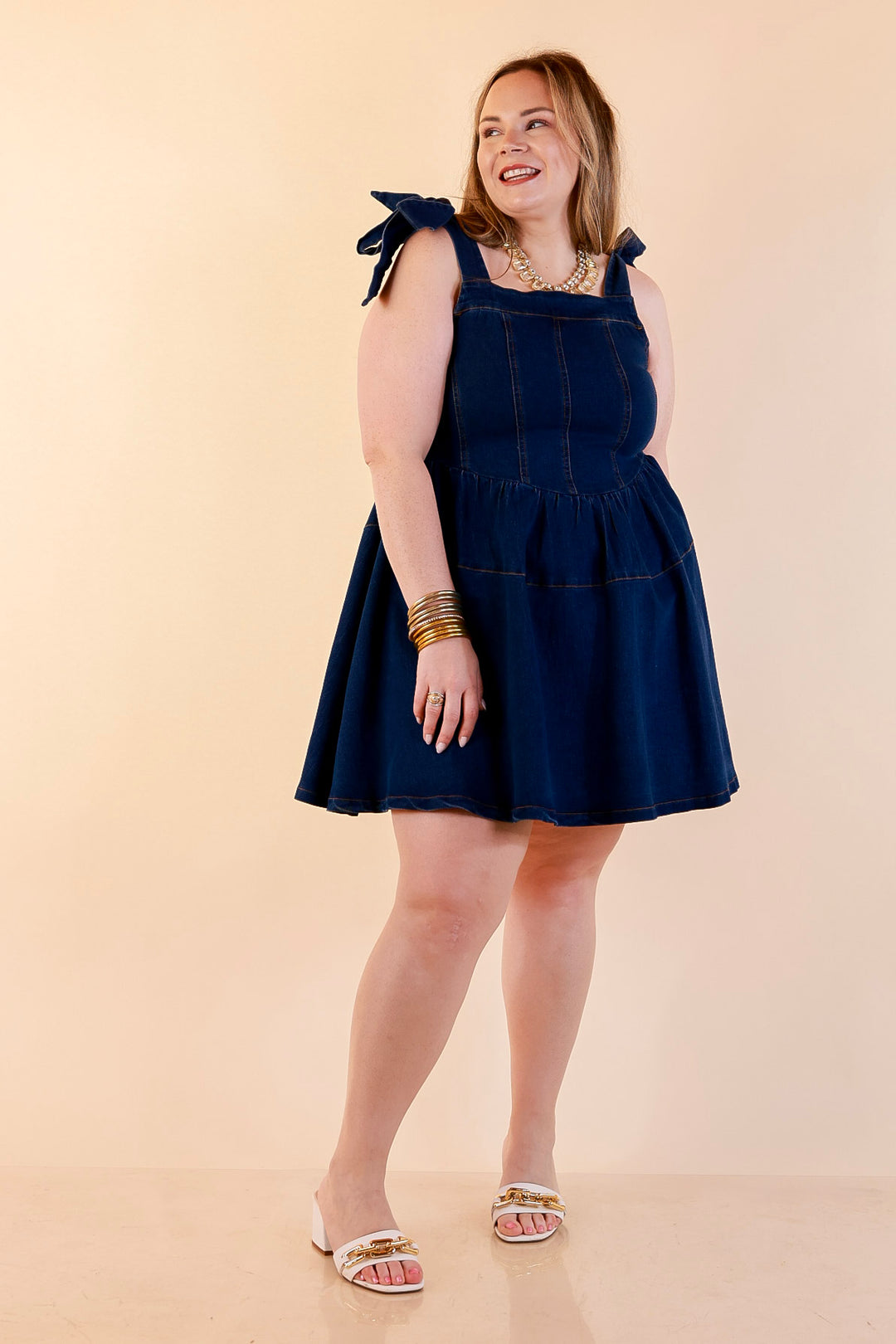 Denim Daydream Tie Shoulder Square Neck Tiered Corset Denim Mini Dress in Dark Wash