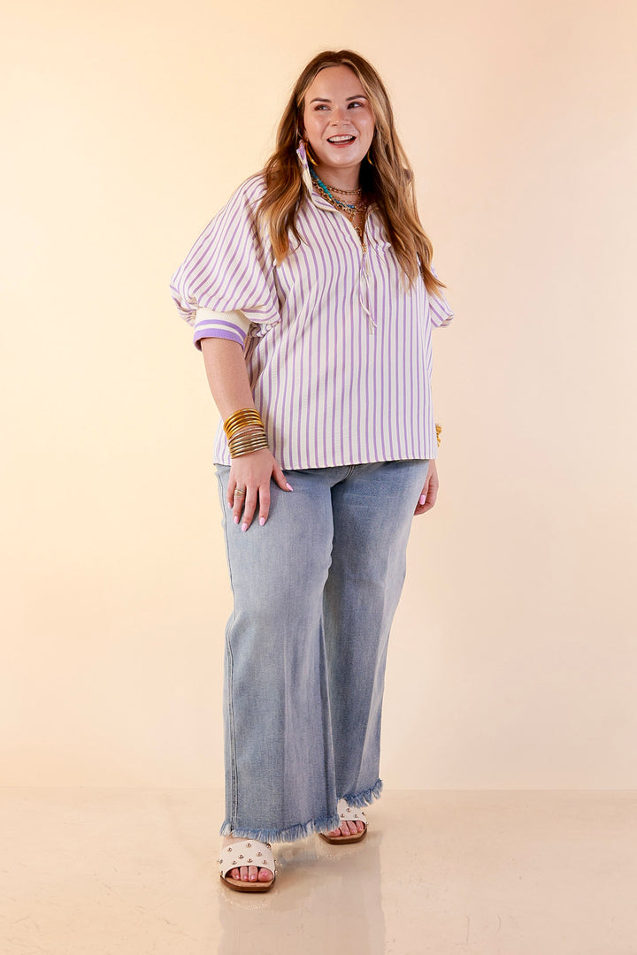 Bold Instincts Striped Print Half Zip Top with Puff Sleeves in Lavender Purple and Ivory