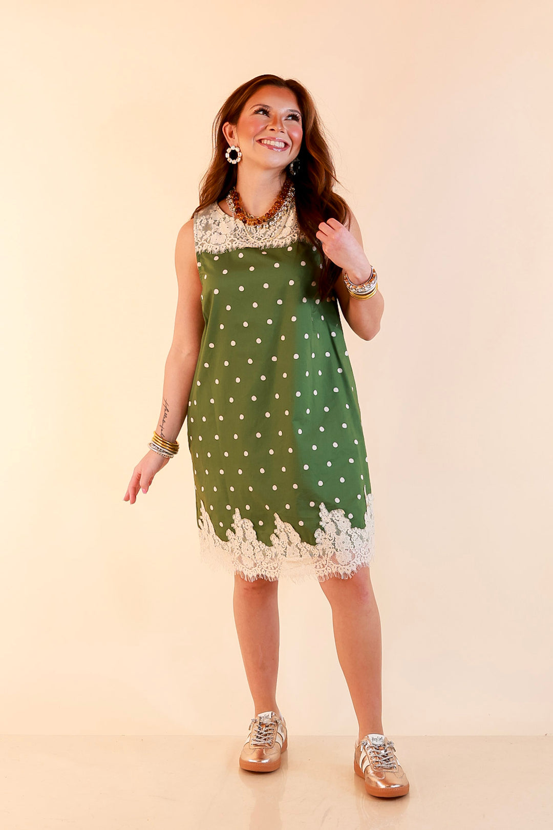 Lovely Little Details Polka Dot Lace Trim Sleeveless Shift Dress in Olive Green and Ivory