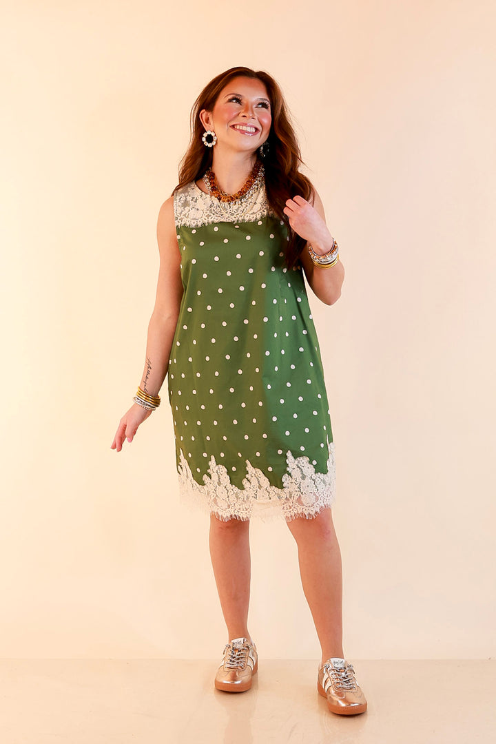 Lovely Little Details Polka Dot Lace Trim Sleeveless Shift Dress in Olive Green and Ivory