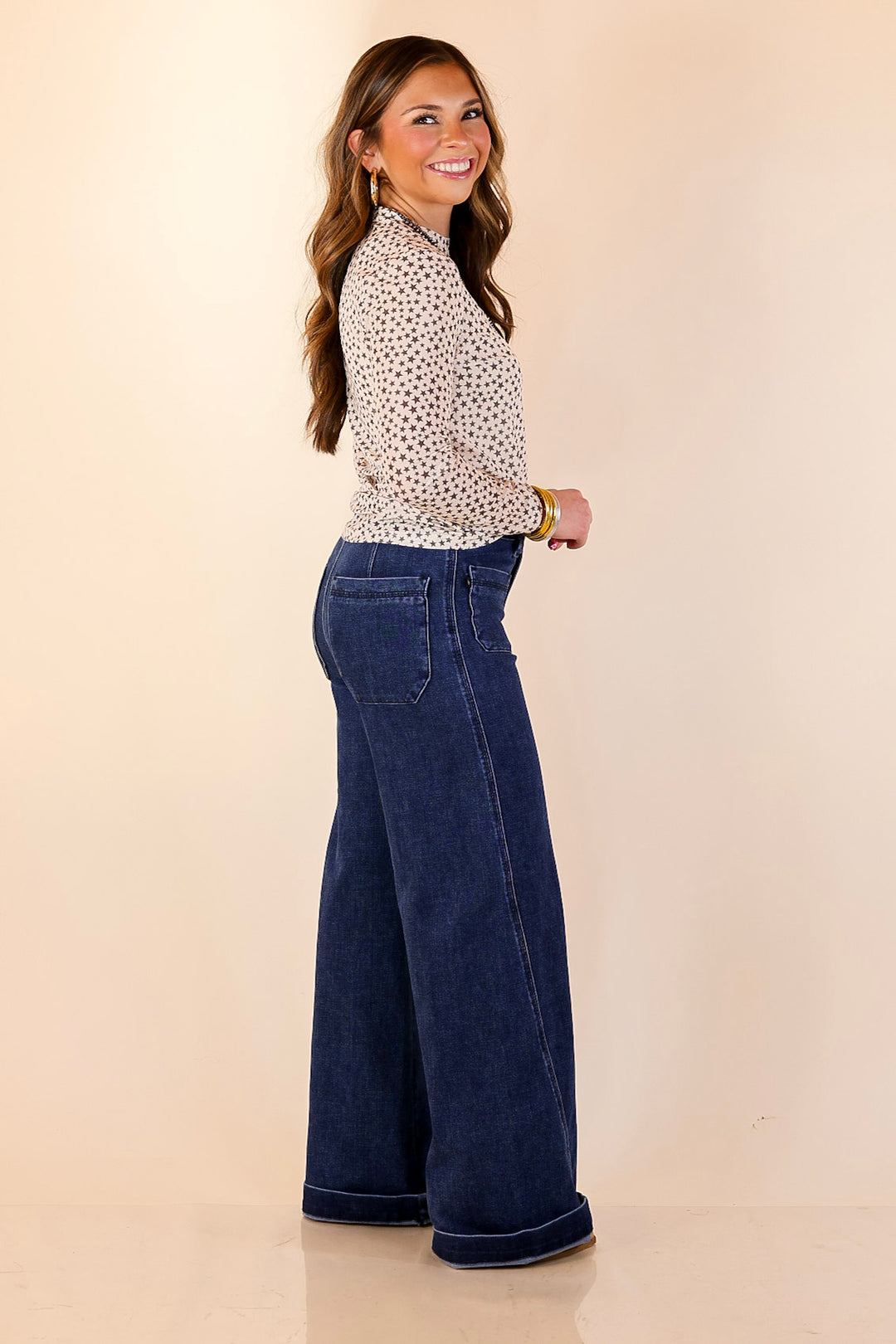 Western Dream Black Star Print Mesh Long Sleeve Top in Ivory