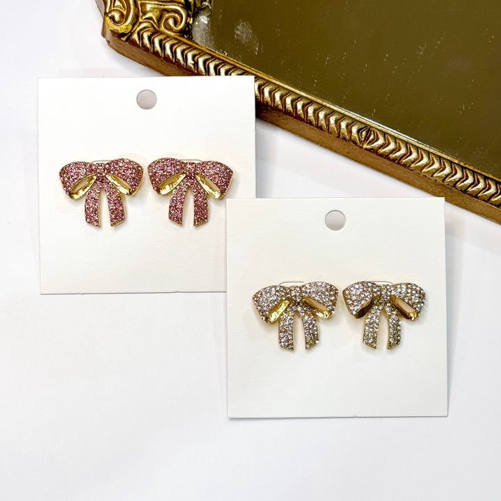 Twinkling Treasure Gold Tone Pink Rhinestone Bow Stud Earrings