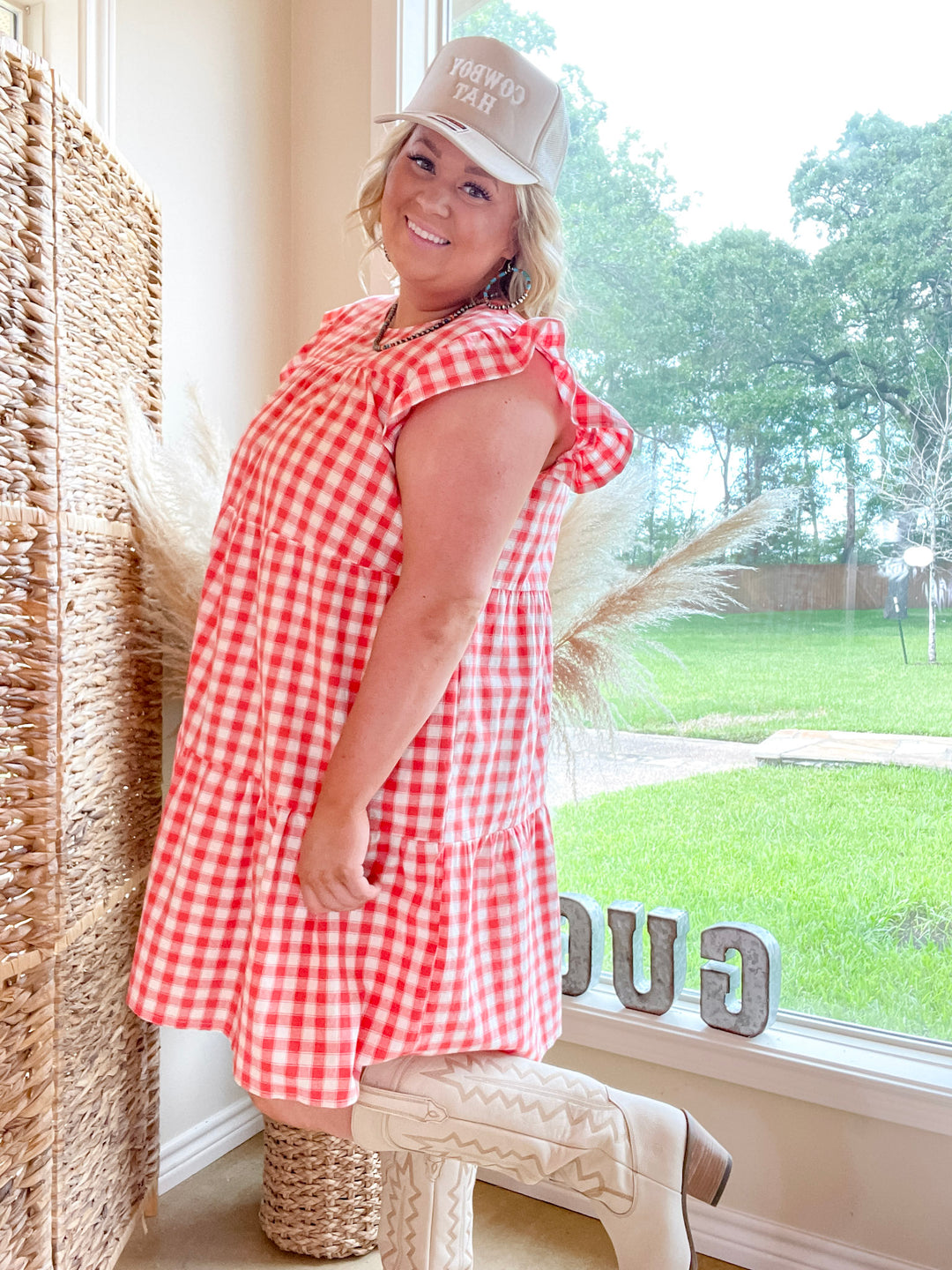 Sunny Pier Gingham Dress with Ruffle Cap Sleeves in Coral Red and White - Giddy Up Glamour Boutique