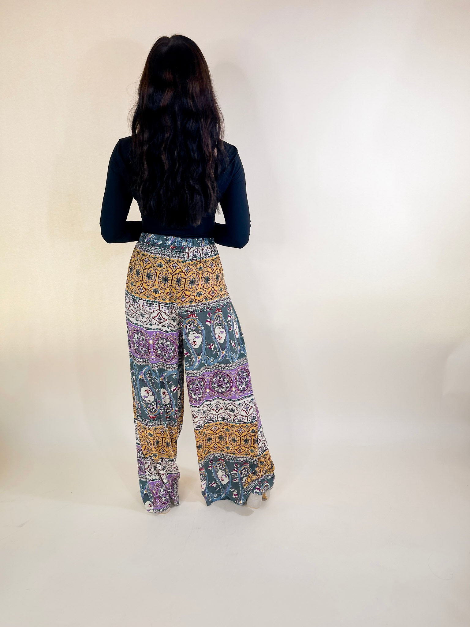 Slight Change Elastic Waist Floral Print Wide Leg Palazzo Pants in Green Mix