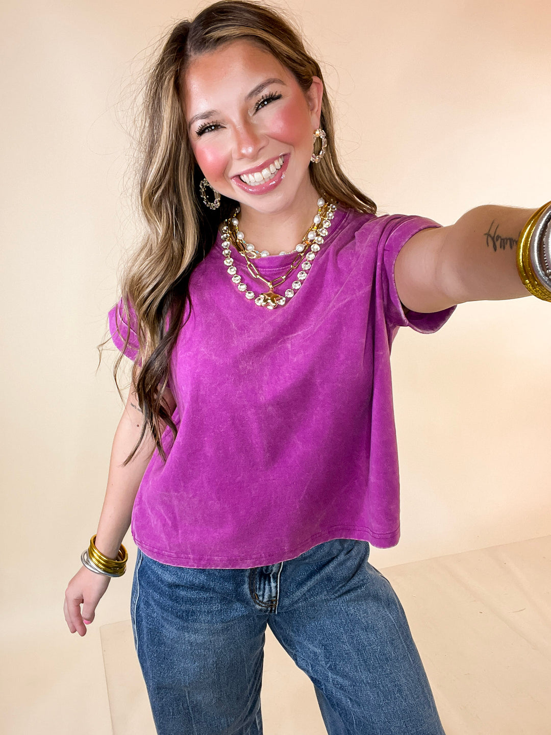 Easy Chic Mineral Washed Short Sleeve Cropped Tee in Plum Purple