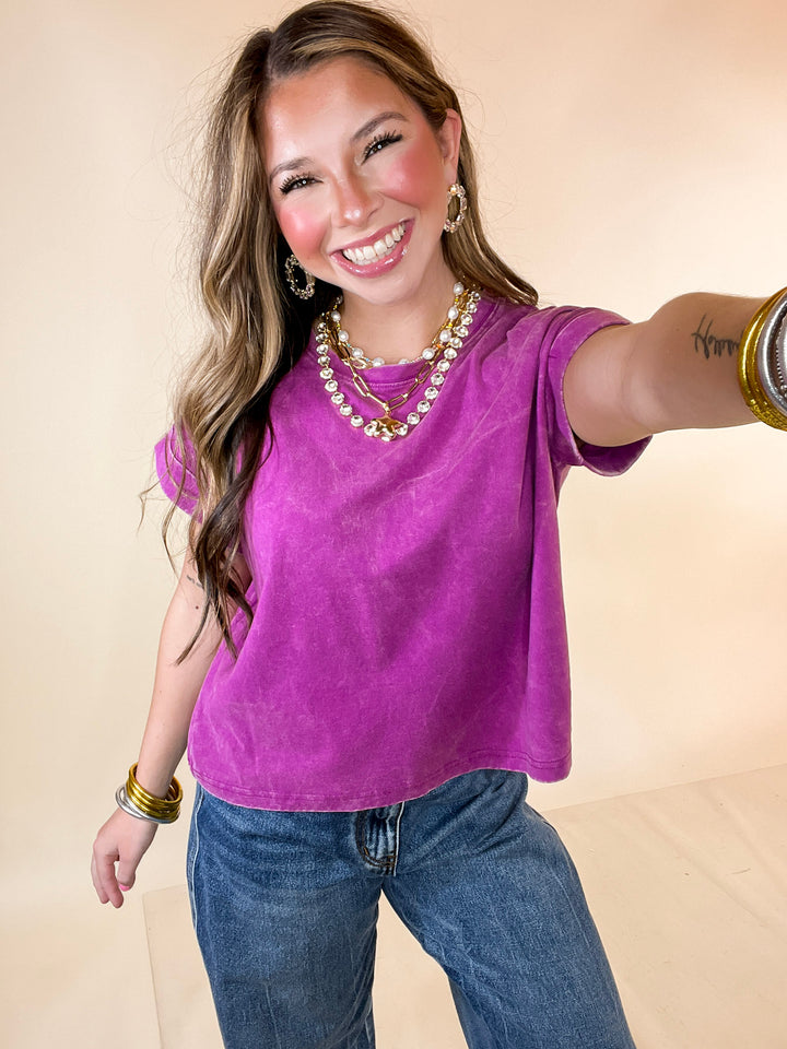 Easy Chic Mineral Washed Short Sleeve Cropped Tee in Plum Purple
