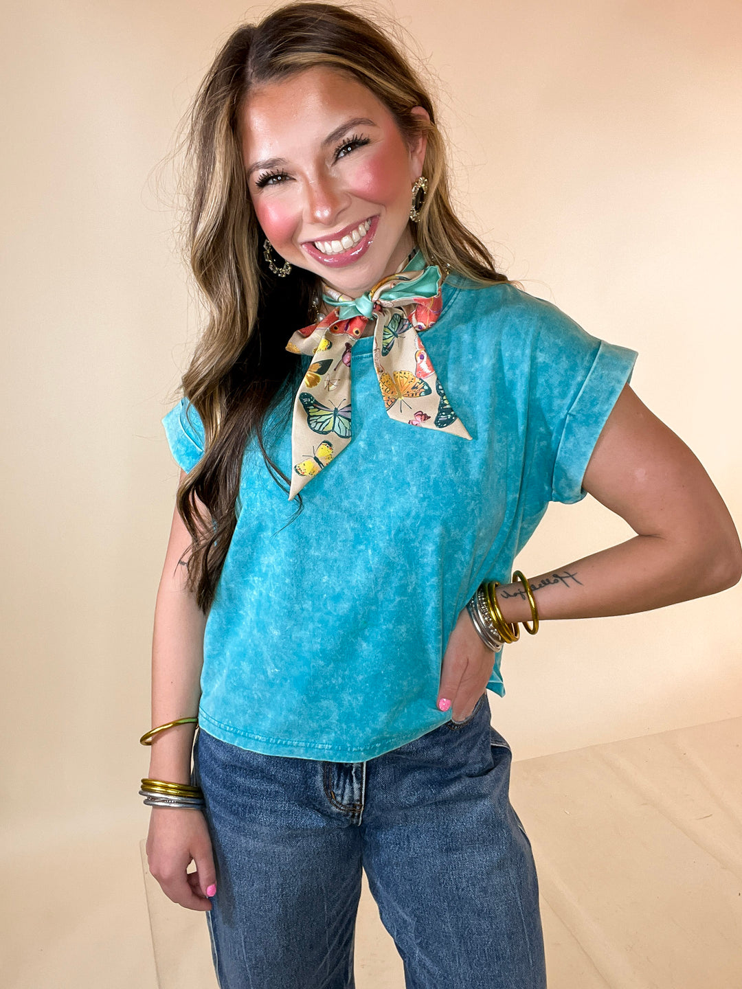 Easy Chic Mineral Washed Short Sleeve Cropped Tee in Teal Blue