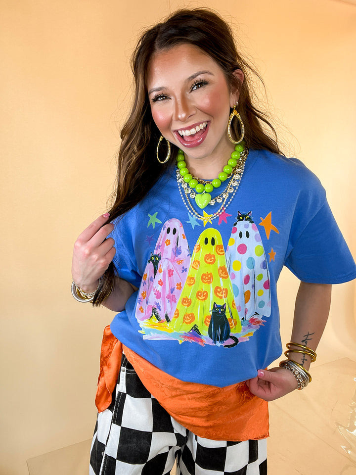 The Boo Crew Colorful Ghost Printed Halloween Graphic Tee in Periwinkle Blue