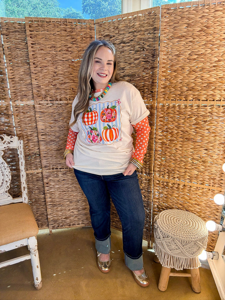 Prettiest in the Patch Stripe and Pumpkin Fall Graphic Tee in Natural