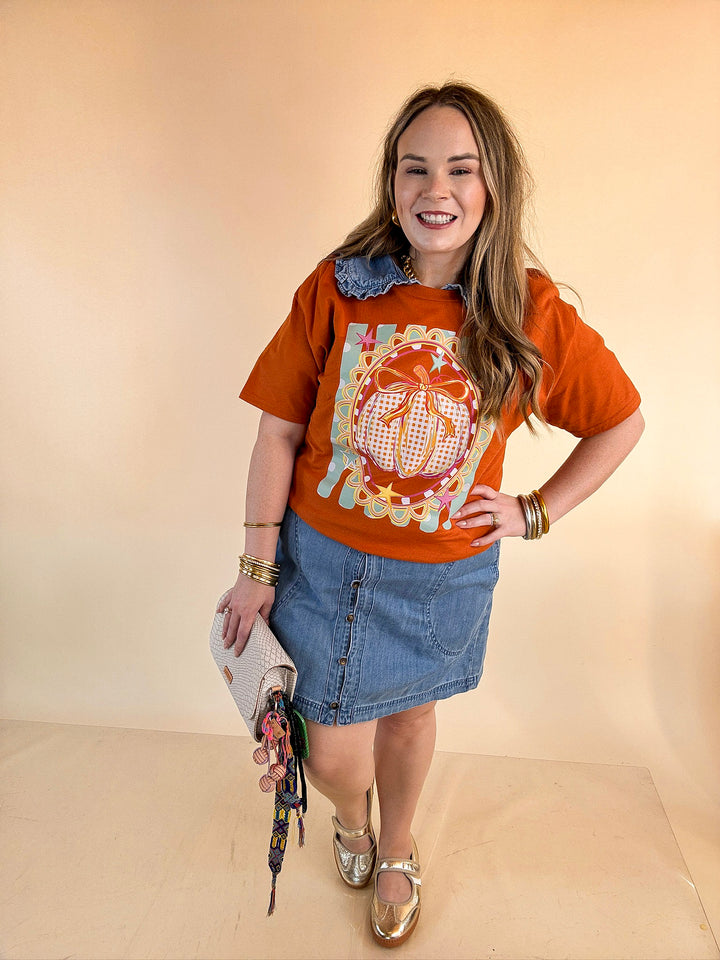 Sweet on the Season Gingham Pumpkin, Stripe and Polka Dot Design with Bow Detail Fall Graphic Tee in Rust Orange