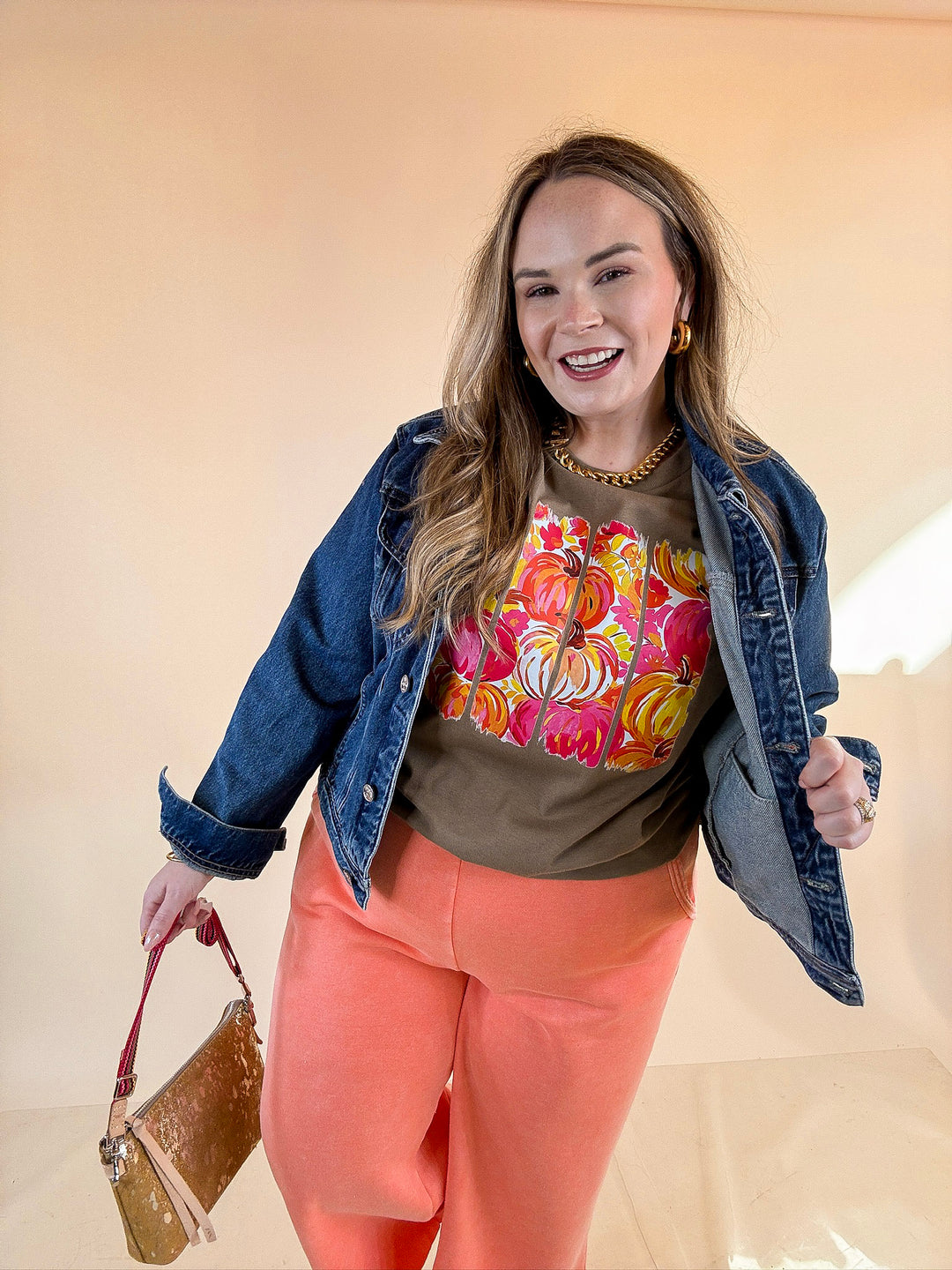 Art of the Season Painted Pumpkin and Floral Watercolor Stripes Fall Graphic Tee in Brown