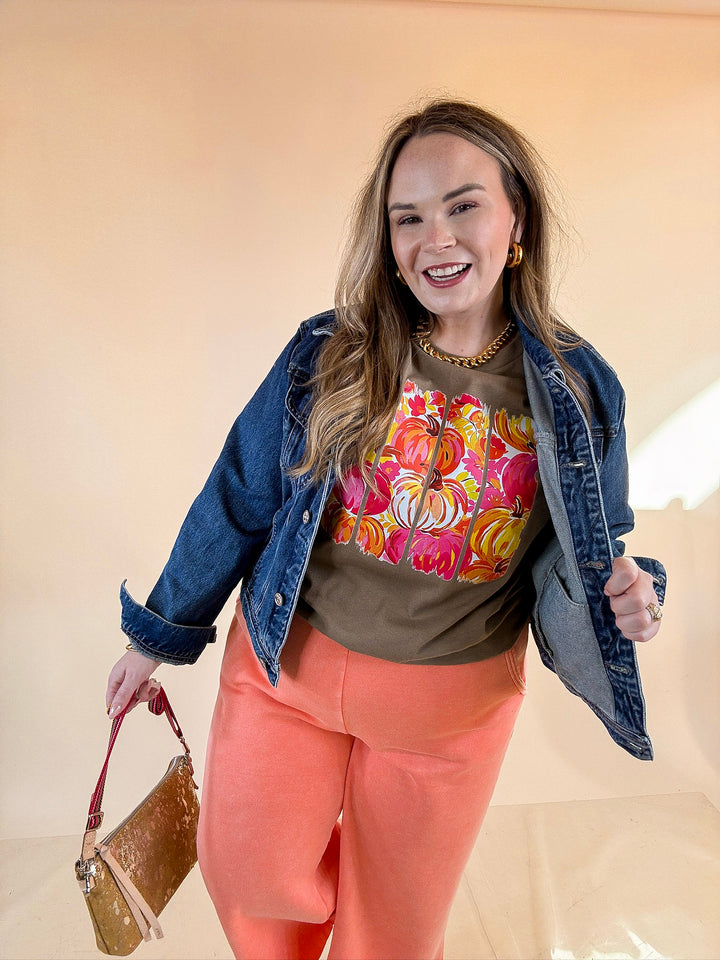 Art of the Season Painted Pumpkin and Floral Watercolor Stripes Fall Graphic Tee in Brown