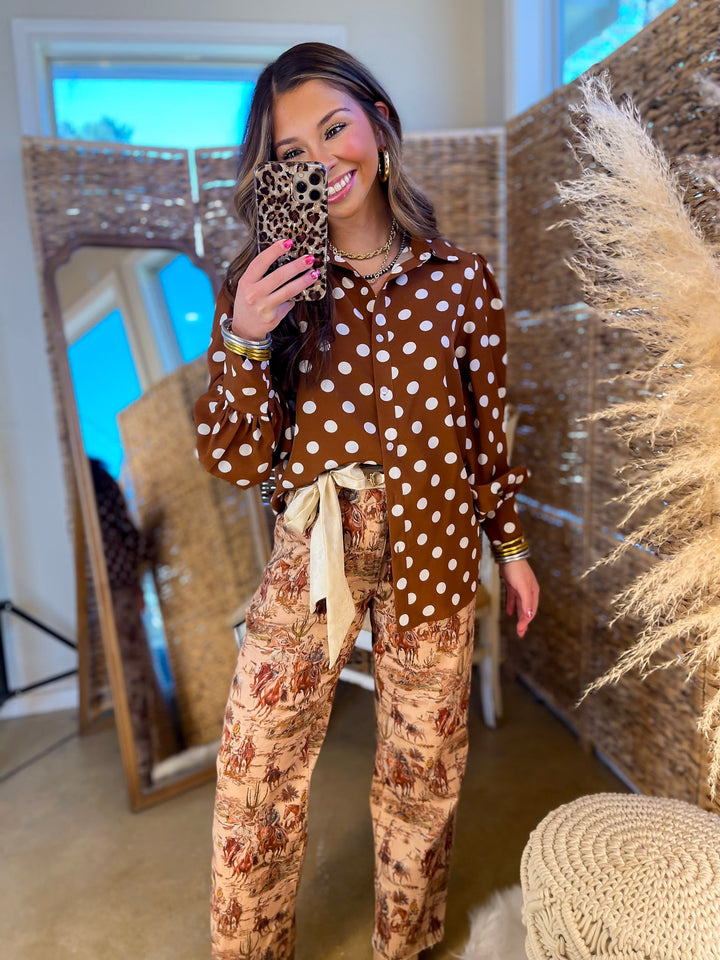 Story of the West Straight Leg Raw Hem Western Print Pants in Taupe Brown