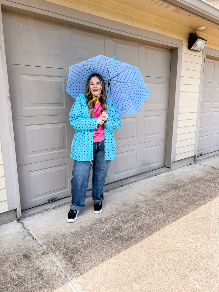 Lulu Mac | Chic Forecast Navy Blue Polka Dot Hooded Rain Jacket in Turquoise Blue
