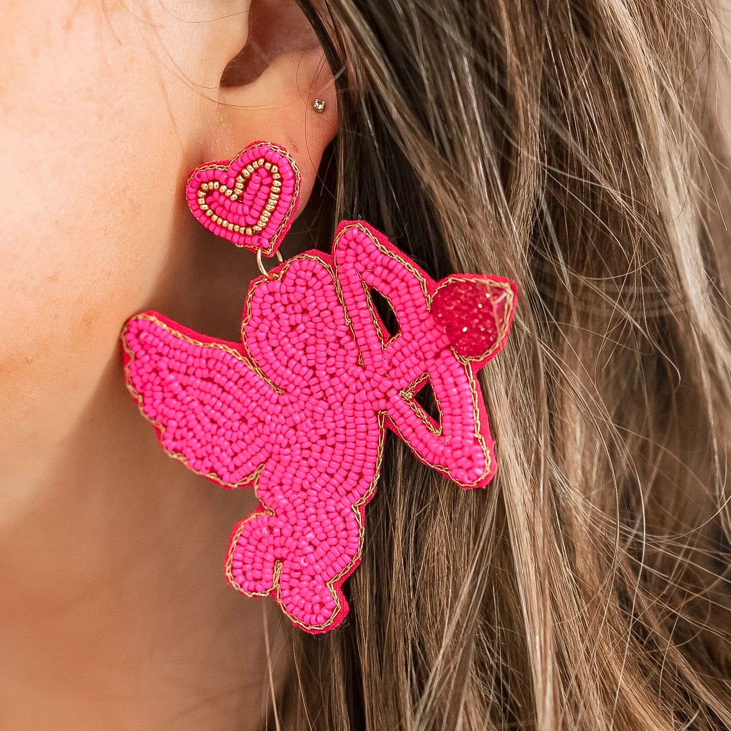 Heart Post Beaded Cupid Earrings with Druzy Heart Arrow in Fuchsia Pink - Giddy Up Glamour Boutique
