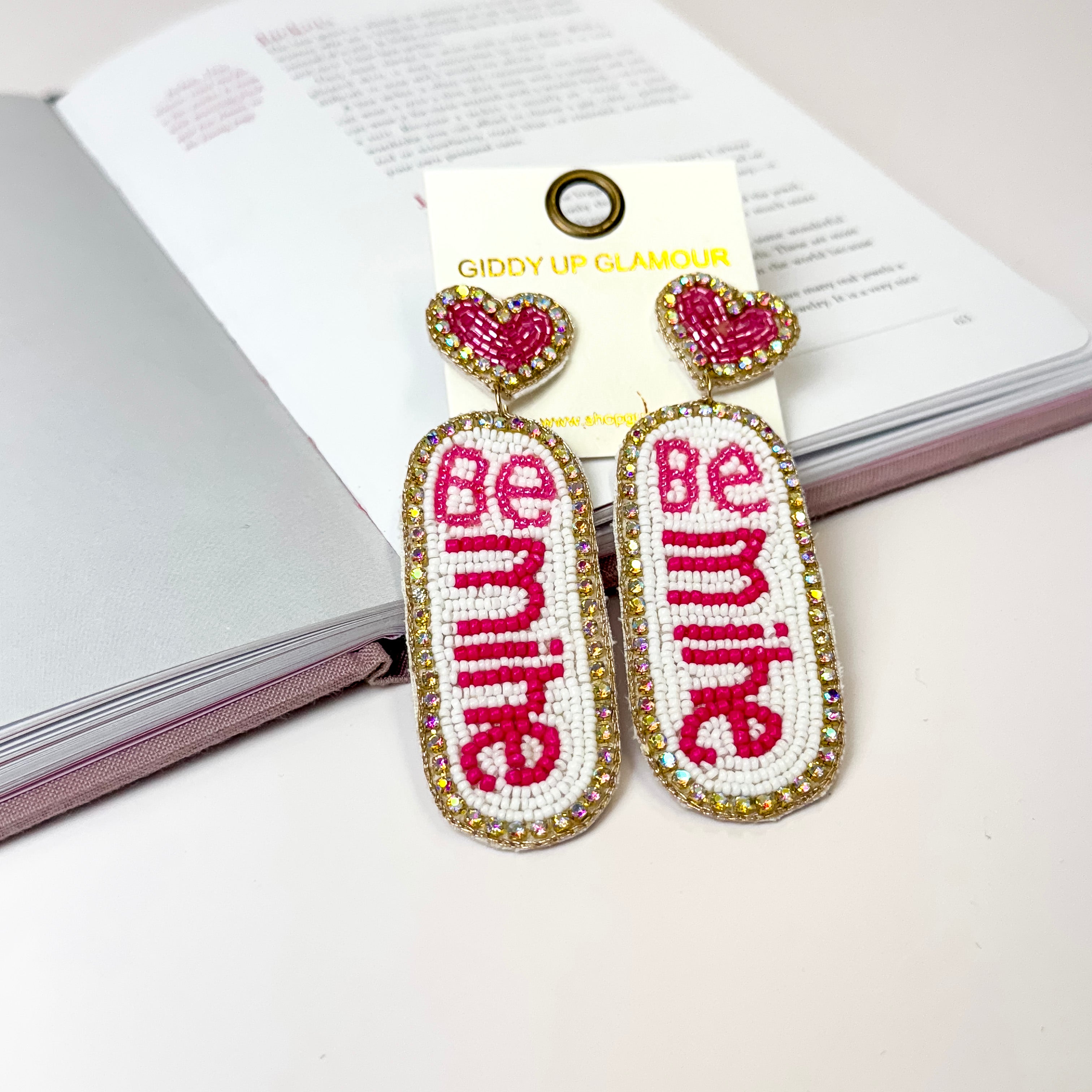 Heart Post Beaded Be Mine Dangle Earrings with AB Crystal Accents in Pink and White - Giddy Up Glamour Boutique