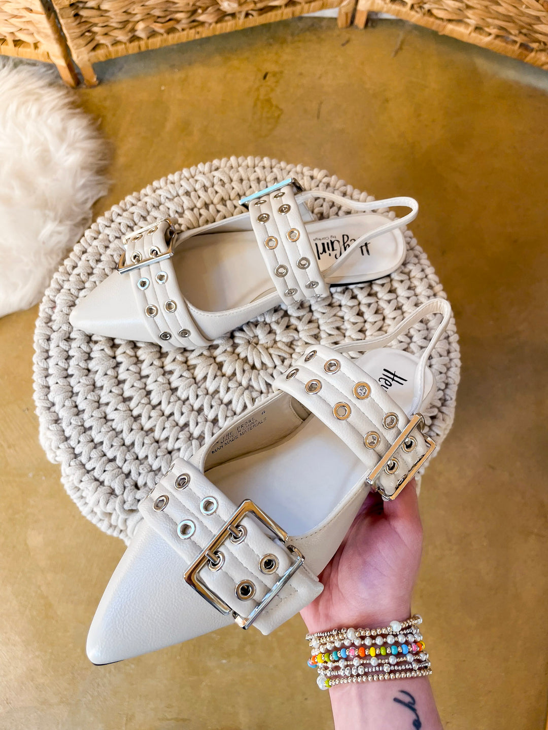 Corky's | On the Prowl Pointed Toe Buckle Slingback Mule Flat Sandal in Ivory