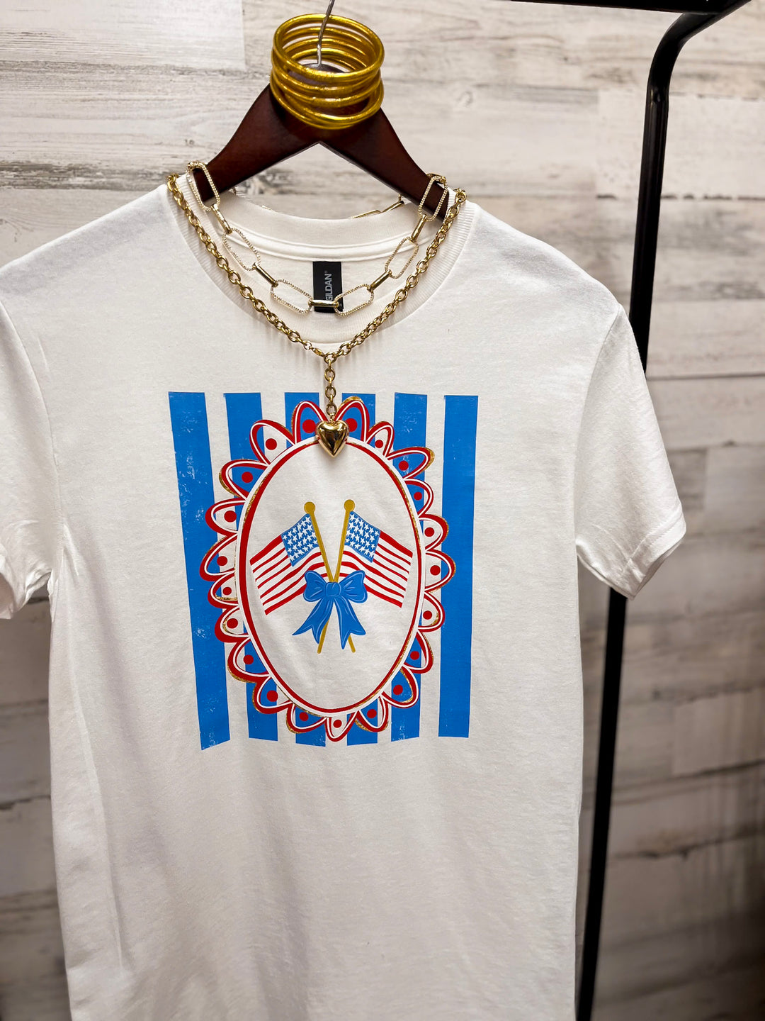 Sweet Land of Liberty Patriotic Coquette Short Sleeve Graphic Tee with Bow Detailing in White