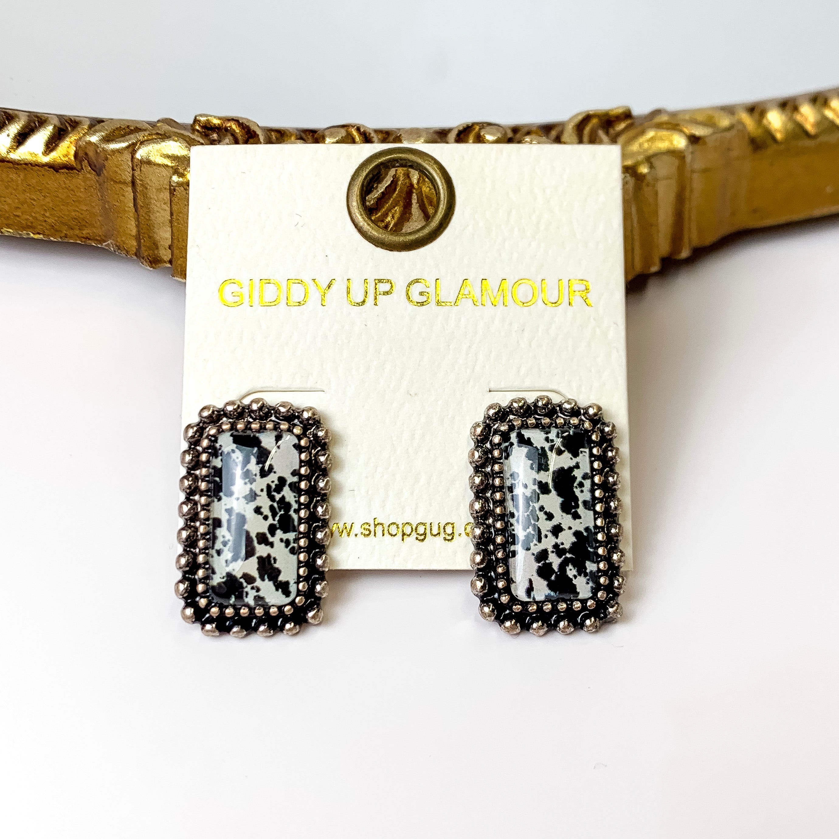 Silver Tone Rectangle Earrings with Black Cow Print Inlay - Giddy Up Glamour Boutique